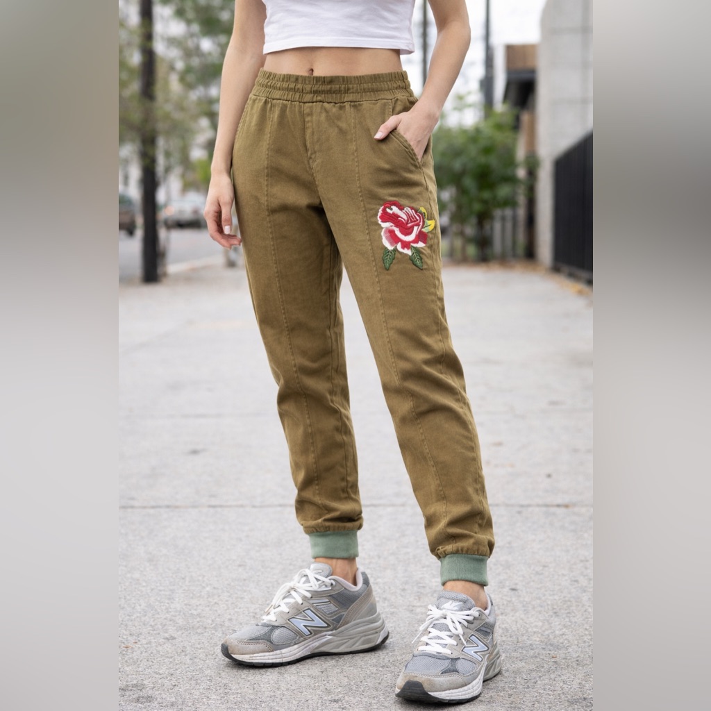 Jaded Gypsy Floral Embroidered Joggers - Brown Mid Rise Boho Pants